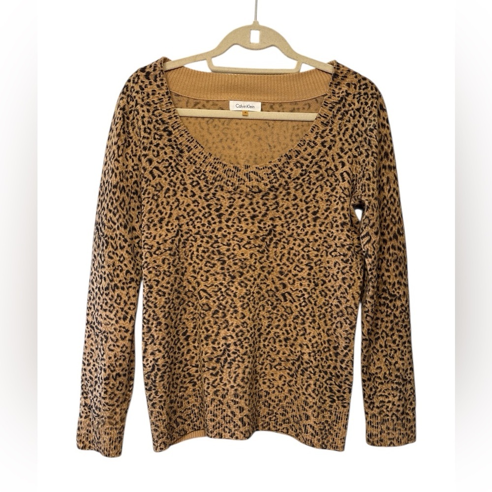 Calvin Klein Tan Black Leopard Animal Print L/S Sweater Wool Blend Sz M